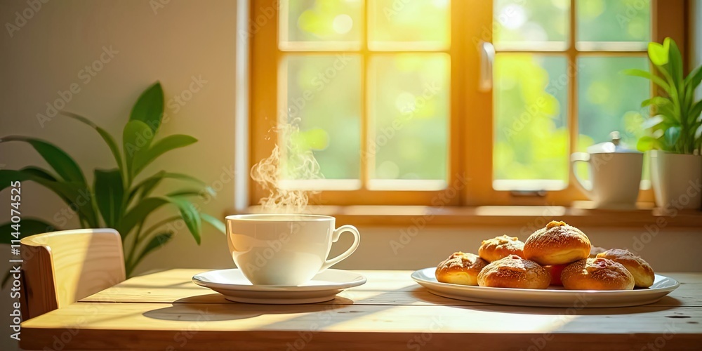 Warm Morning Light Illuminates a Cozy Table Setting with Steaming Coffee and Sweet Pastries Warm Morning Light Illuminates a Cozy Table Setting with Steaming Coffee and Sweet Pastries