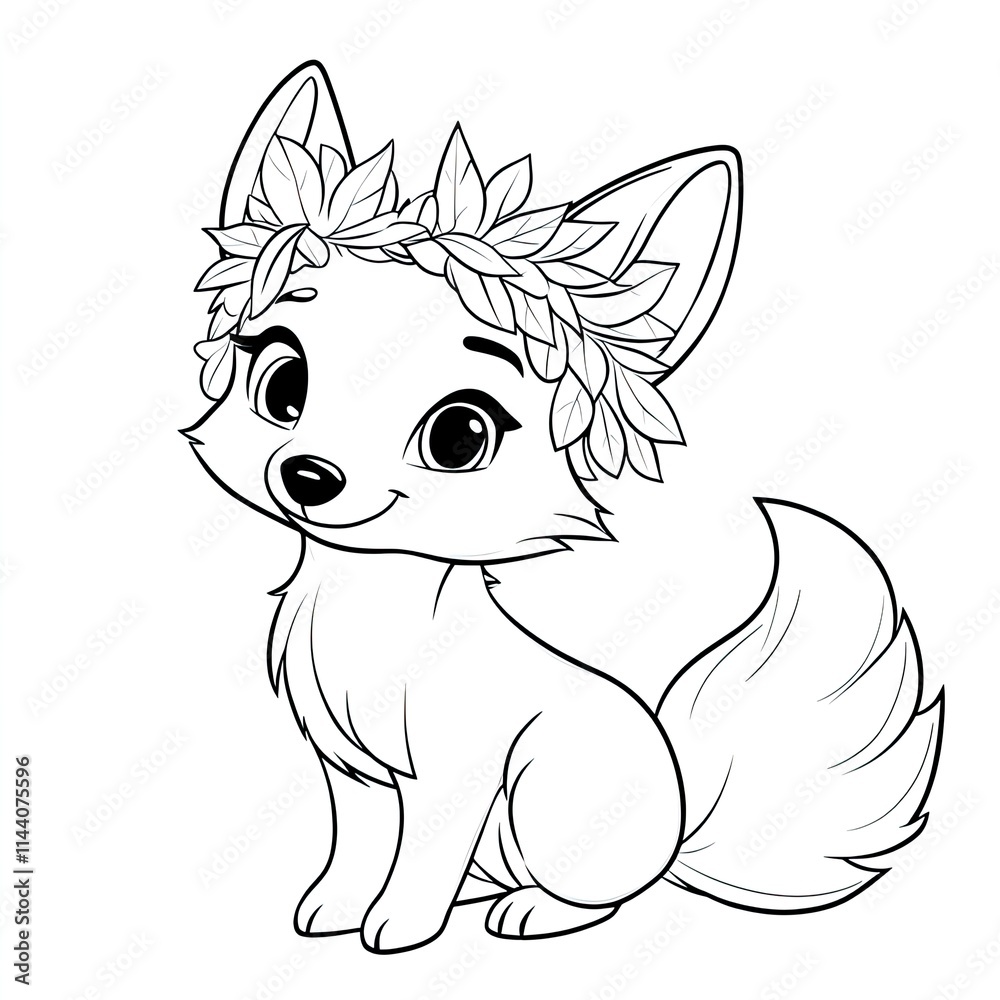 Obraz premium Adorable Little Fox Wearing a Leaf Crown: Simple Coloring Page for Kids