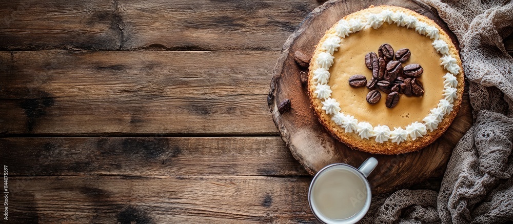 Homemade cake with coffee cup on rustic wooden table surrounded by warm textiles and natural textures for a cozy atmosphere Homemade cake with coffee cup on rustic wooden table surrounded by warm textiles and natural textures for a cozy atmosphere