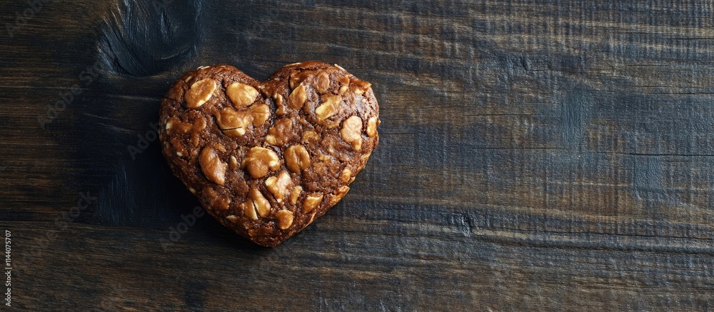 Obraz premium Heart shaped snack placed on dark wooden surface with ample copy space for romantic or culinary themes.