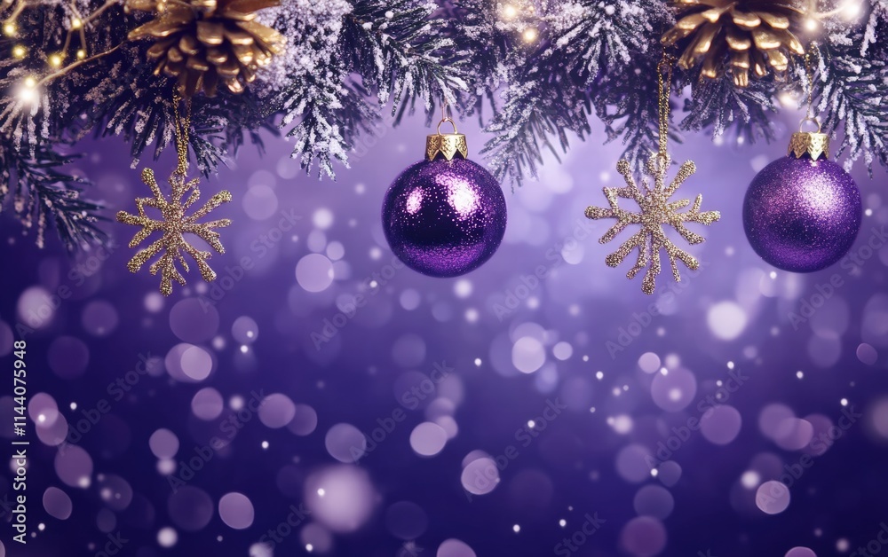 A bold purple background featuring frosty snowflakes and shimmering decorations