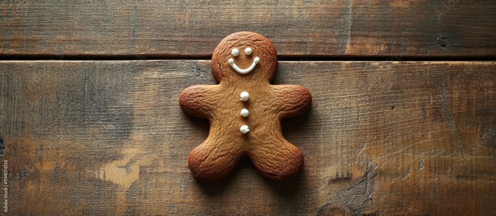 Gingerbread cookie with a smiling face on a rustic wooden table perfect for festive Christmas decorations and holiday baking themes Gingerbread cookie with a smiling face on a rustic wooden table perfect for festive Christmas decorations and holiday baking themes