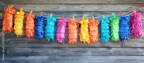 Colorful vibrant piÃ±ata arrangement for festive birthday celebrations on a rustic wooden backdrop showcasing fun party decorations photo