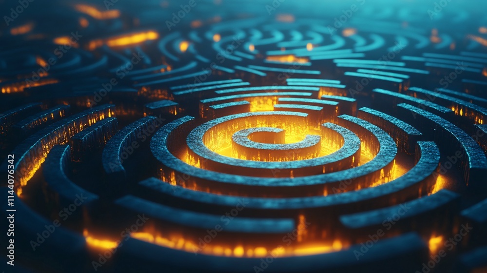 A mesmerizing, glowing maze design with intricate patterns illuminated in warm orange tones. A mesmerizing, glowing maze design with intricate patterns illuminated in warm orange tones.