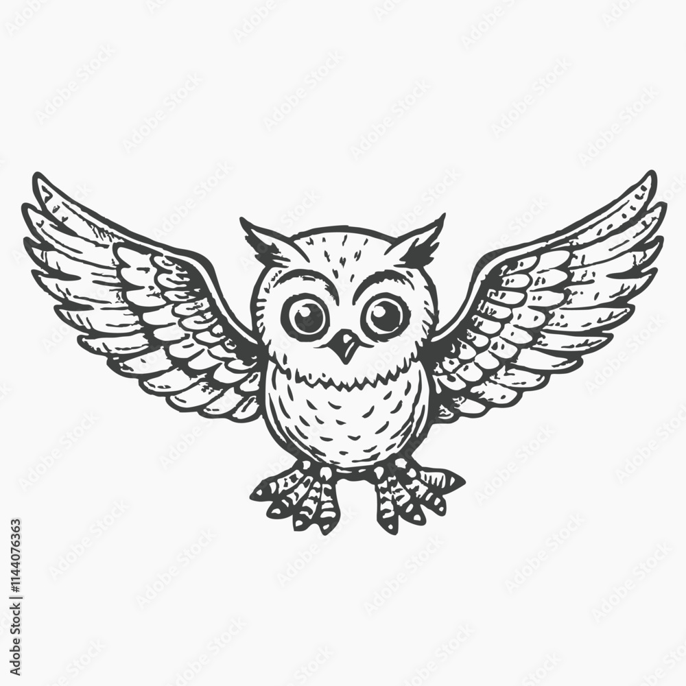 Fototapeta premium Black silhouette Brown owl with open wings, Cartoon funny owl isolated on white background