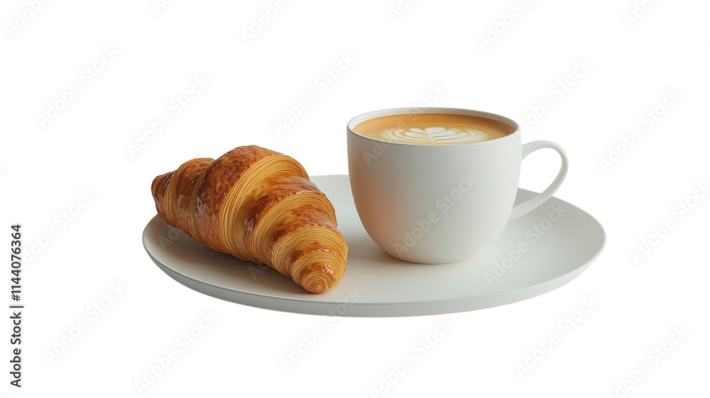 Enjoying a warm croissant with a cup of coffee on a simple plate in a cozy café setting during the morning hours. Enjoying a warm croissant with a cup of coffee on a simple plate in a cozy café setting during the morning hours.
