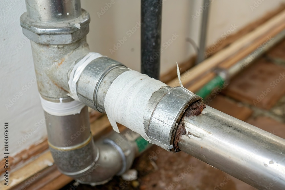 Rusty pipe repaired with tape in basement. Plumbing repair Rusty pipe repaired with tape in basement. Plumbing repair