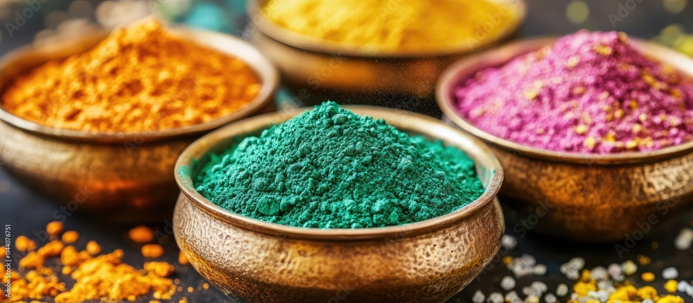 Vibrant Holi Festival Celebrating Colorful Powders and Tradition with Bowls of Brightly Colored Organic Powder Against Dark Background Vibrant Holi Festival Celebrating Colorful Powders and Tradition with Bowls of Brightly Colored Organic Powder Against Dark Background