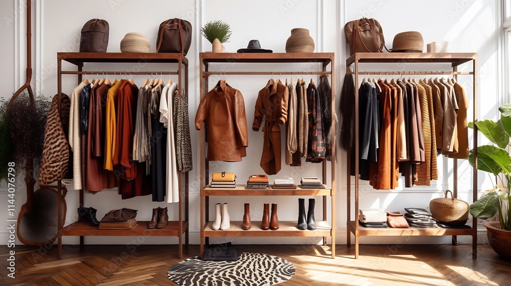 Beautifully curated collection of various high end fashion items including clothing accessories and textiles artfully arranged on wooden racks in an elegant boutique setting