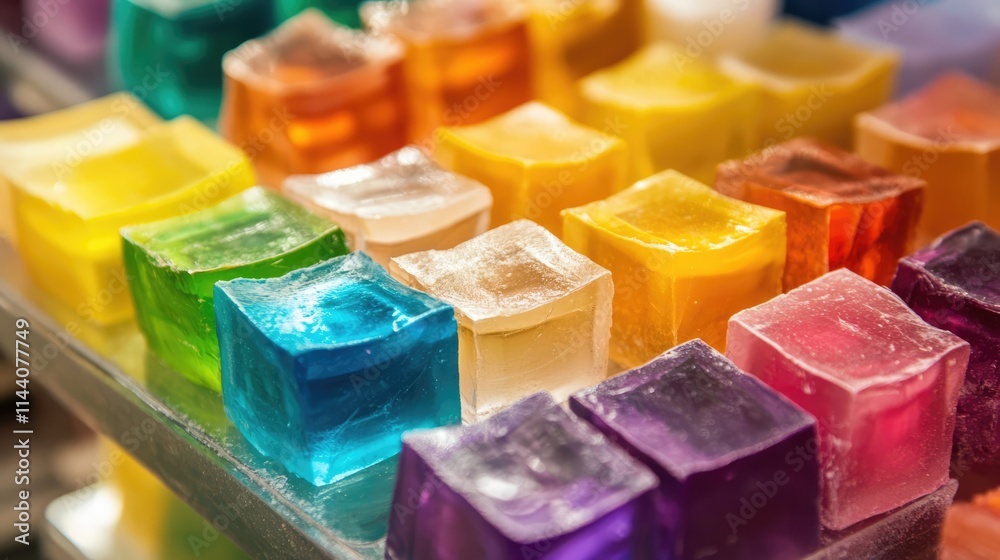 Colorful handcrafted soap cubes arranged in a vibrant display showcasing various textures and shades ideal for wellness and beauty products. Colorful handcrafted soap cubes arranged in a vibrant display showcasing various textures and shades ideal for wellness and beauty products.