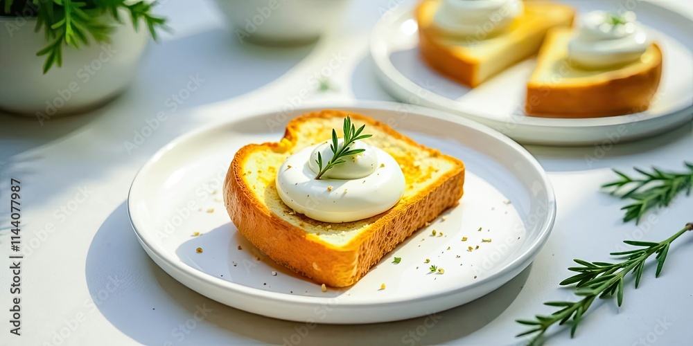 A single slice of toasted bread topped with a dollop of creamy spread and a sprig of fresh herb, presented on a minimalist white plate, bathed in soft sunlight A single slice of toasted bread topped with a dollop of creamy spread and a sprig of fresh herb, presented on a minimalist white plate, bathed in soft sunlight
