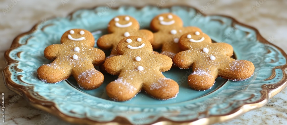 Homemade Gingerbread Men Cookies on a decorative plate with powdered sugar for a festive holiday display. Homemade Gingerbread Men Cookies on a decorative plate with powdered sugar for a festive holiday display.