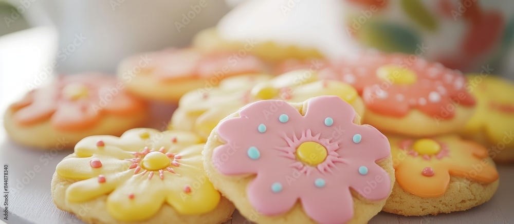 Decoratively iced flower-shaped cookies with soft focus on a plate in a cozy home setting. Decoratively iced flower-shaped cookies with soft focus on a plate in a cozy home setting.