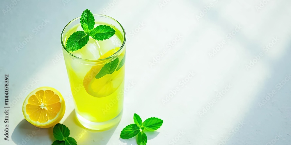 Fototapeta premium Refreshing Iced Lemon and Mint Beverage in a Tall Glass on Bright Surface