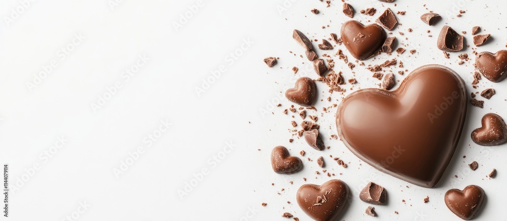 Heart shaped milk chocolate scattered with chocolate pieces on a clean white background ideal for Valentine's Day or chocolate-themed promotions Heart shaped milk chocolate scattered with chocolate pieces on a clean white background ideal for Valentine's Day or chocolate-themed promotions