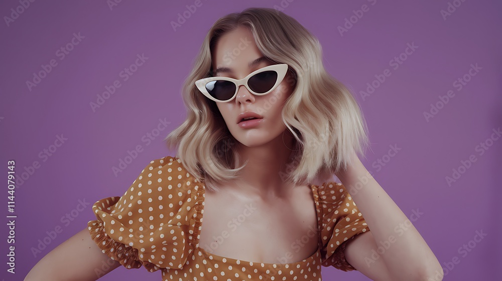 Naklejka premium A young blonde woman in a mustard polka dot dress and white cat-eye sunglasses poses against a purple background, blending a playful, fashion-forward, and subtly sensual vibe with soft lighting