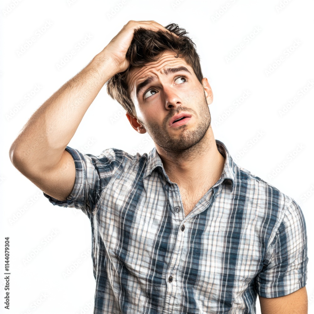 Young man in casual shirt looking confused and pondering with hand on head against plain background Young man in casual shirt looking confused and pondering with hand on head against plain background