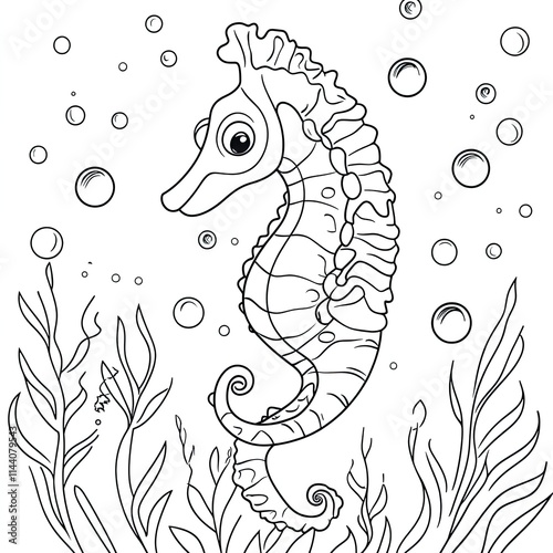 Simple Seahorse Coloring Page for Kids: Bubble Fun Illustration photo