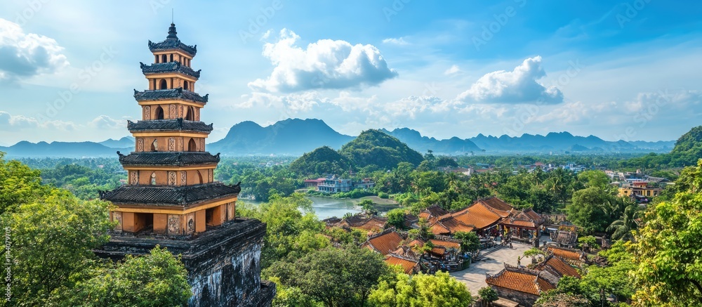 Scenic view of ancient pagoda tower surrounded by lush greenery and mountainous landscape in historic city. Scenic view of ancient pagoda tower surrounded by lush greenery and mountainous landscape in historic city.