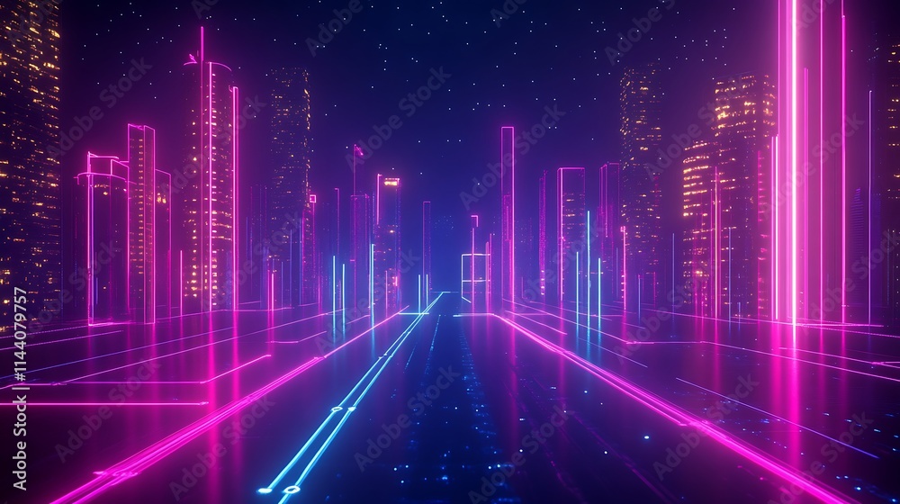 Neon Cityscape at Night: A 3D Render of a Futuristic Metropolis. AI Generated Neon Cityscape at Night: A 3D Render of a Futuristic Metropolis. AI Generated