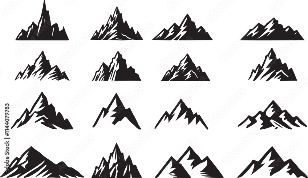 Naklejka premium Collection of mountain silhouette icon set vector on transparent background