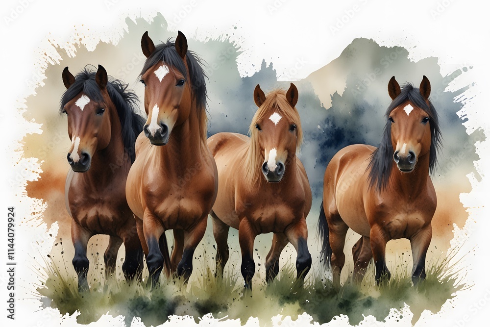 Fototapeta premium Welsh ponies in watercolor style