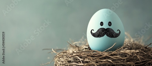 Hipster Easter egg with mustache nestled in a rustic nest on a soft background celebrating quirky holiday decor photo