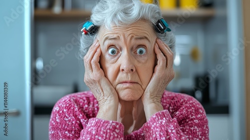 Woman with blue hair clips on her head is looking at the camera with a surprised expression. She is wearing a pink sweater and is sitting at a table photo