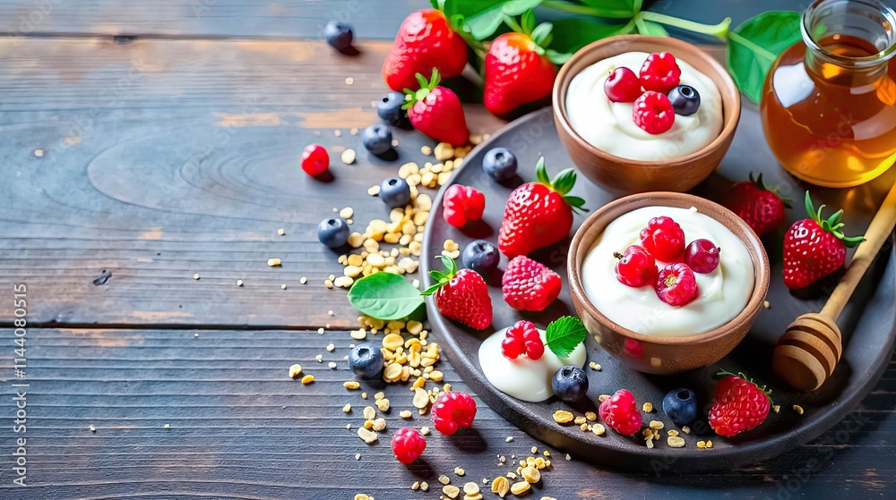 A delightful breakfast of creamy yogurt, topped with summer berries and crunchy granola, served with a drizzle of honey A delightful breakfast of creamy yogurt, topped with summer berries and crunchy granola, served with a drizzle of honey