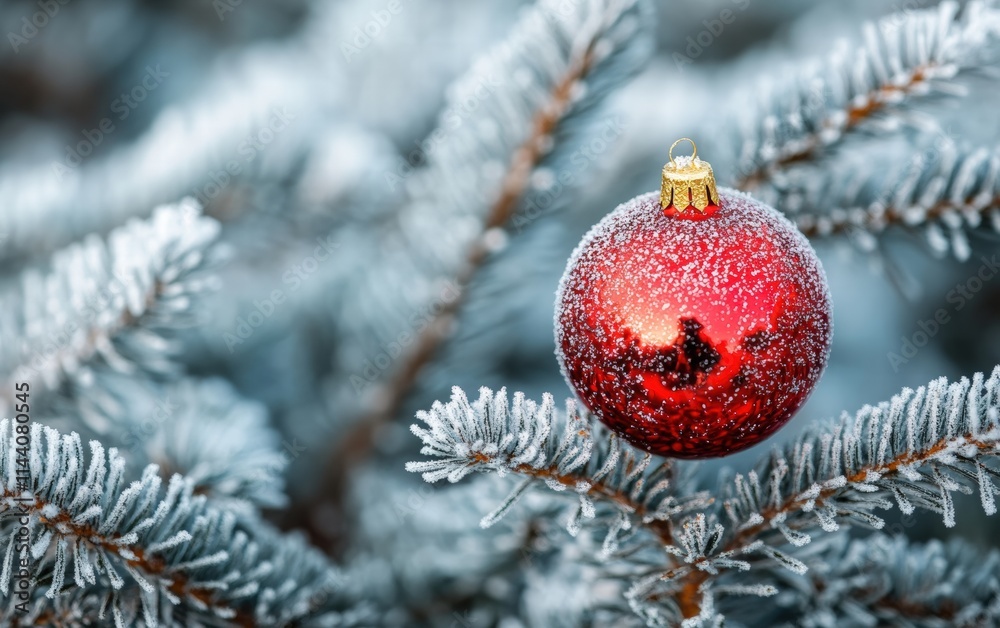 A close-up of frosty fir branches with a shiny red Christmas ornament nestled among the needles, softly glowing