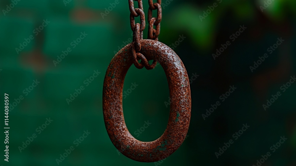 Rusty Chain Link: A close-up shot of a rusted chain link hanging against a textured green background. The image evokes a sense of time, age, and resilience. Rusty Chain Link: A close-up shot of a rusted chain link hanging against a textured green background. The image evokes a sense of time, age, and resilience.