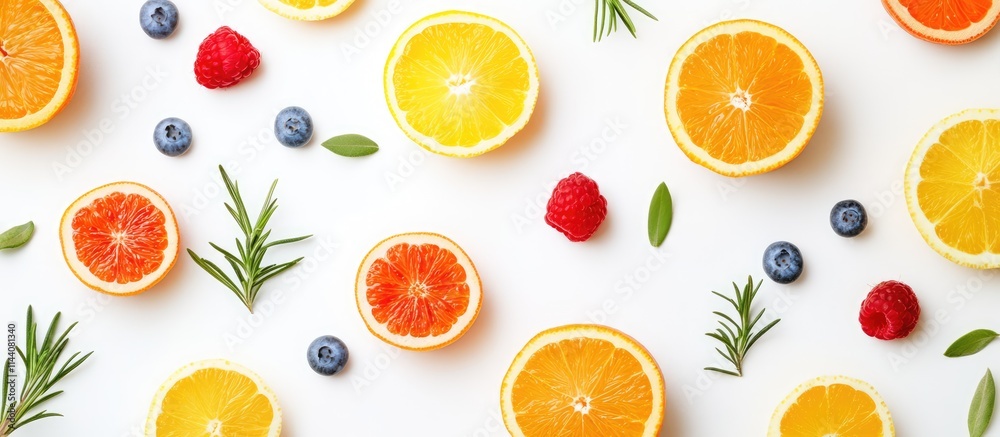Colorful fruit arrangement overhead flat lay with citrus fruits berries and greenery on a white background ideal for fresh and vibrant designs Colorful fruit arrangement overhead flat lay with citrus fruits berries and greenery on a white background ideal for fresh and vibrant designs