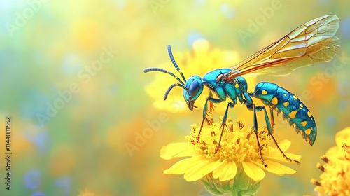  Image of cuckoo wasp on yellow flower on a natural background.