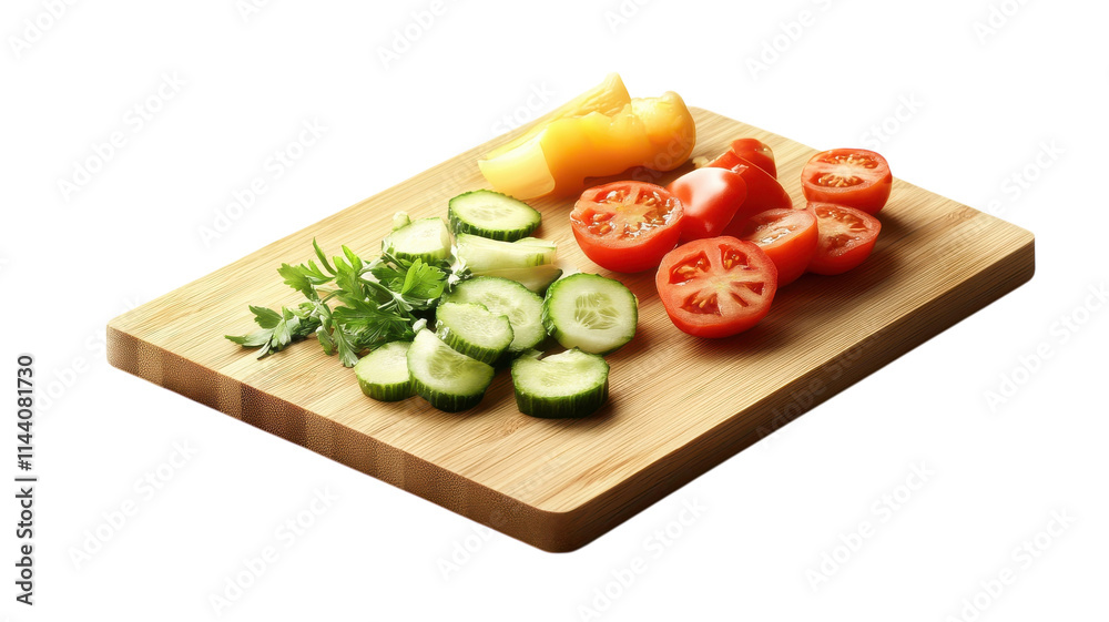 Freshly chopped cucumbers, tomatoes, and bell peppers arranged on a wooden cutting board in a bright kitchen setting. Freshly chopped cucumbers, tomatoes, and bell peppers arranged on a wooden cutting board in a bright kitchen setting.