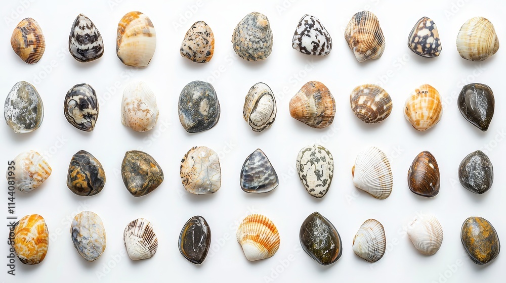 A Beautiful Collection of Diverse Natural Seashells Displayed on a Minimalist Background
