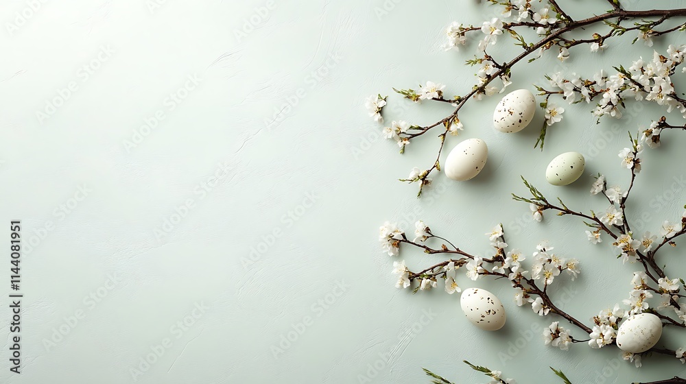 Pastel Easter eggs and blooming branches on a light blue background. Pastel Easter eggs and blooming branches on a light blue background.