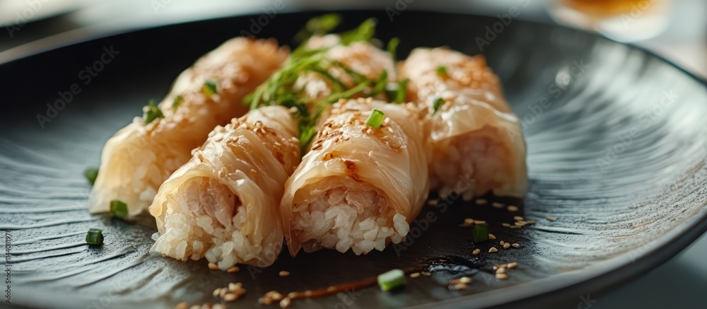 Healthy steamed cabbage rolls filled with rice and meat garnished with green onions on a modern plate with sesame seeds. Healthy steamed cabbage rolls filled with rice and meat garnished with green onions on a modern plate with sesame seeds.