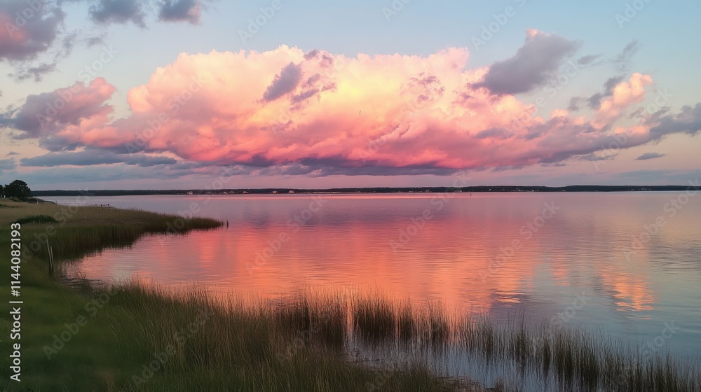 Vibrant pink clouds at sunset over a calm ocean, reflections in the water, serene and peaceful, nature's beauty at its finest Vibrant pink clouds at sunset over a calm ocean, reflections in the water, serene and peaceful, nature's beauty at its finest