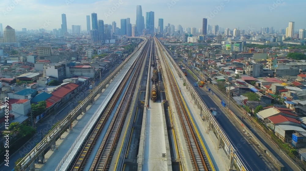 Fototapeta premium Train tracks being upgraded with new infrastructure; promoting efficient public transportation and urban connectivity.