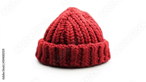 Handmade red wool knit beanie hat on a white background showcasing cozy winter accessories for fashion and warmth photo