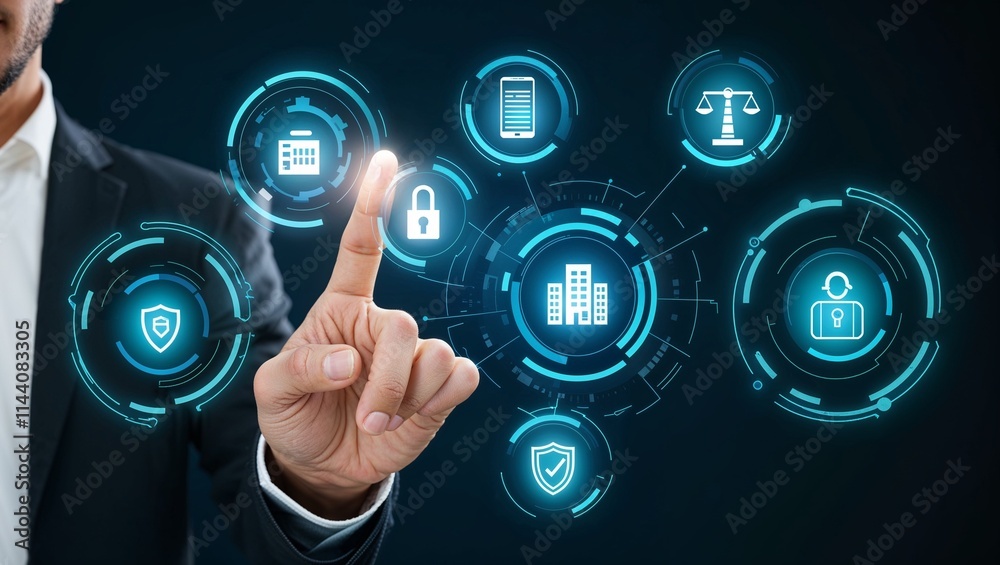 Hand Interacting with Futuristic Digital Interface, Demonstrating Advanced Technology, Seamless Integration, and Cutting-Edge Innovation in a High-Tech, Interactive Digital Environment