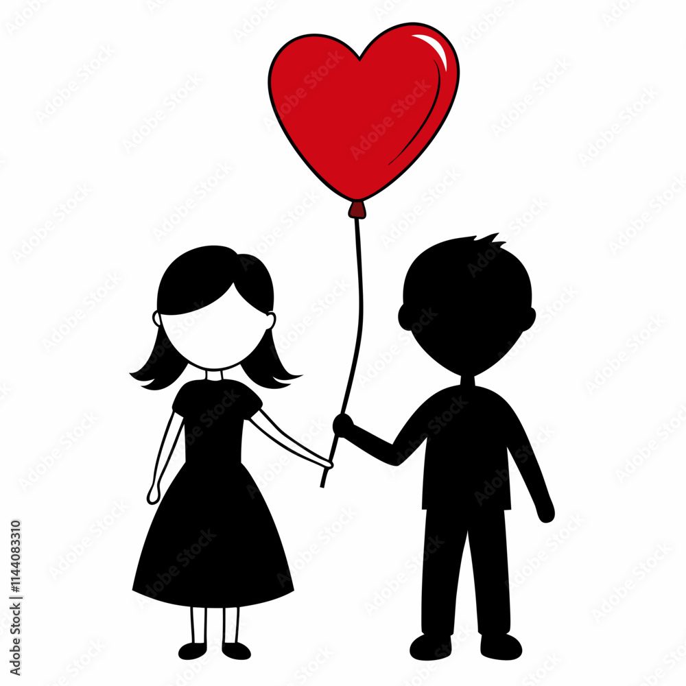 Cute Stick Figure Couple with red Heart Balloon Cute Stick Figure Couple with red Heart Balloon