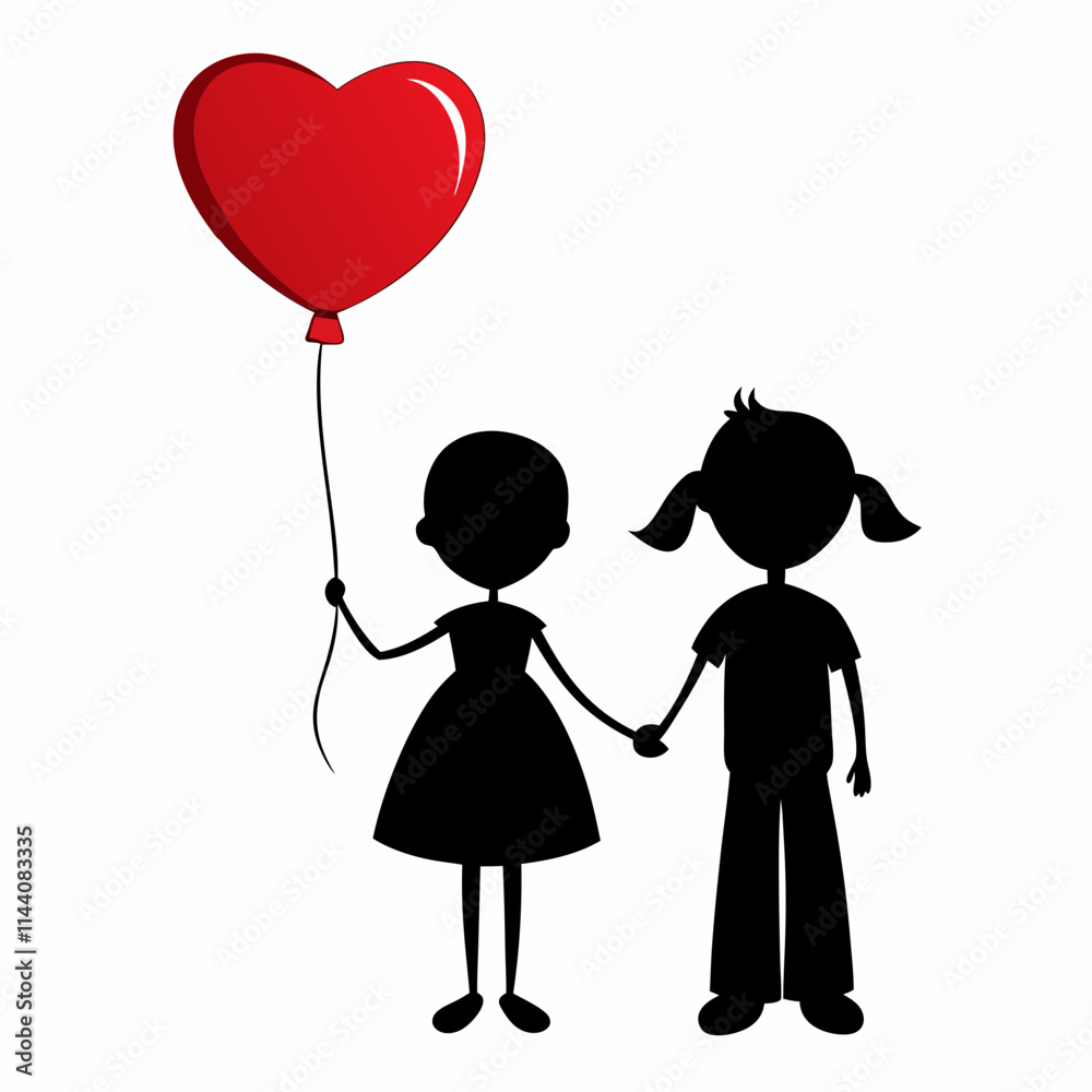 Cute Stick Figure Couple with red Heart Balloon Cute Stick Figure Couple with red Heart Balloon