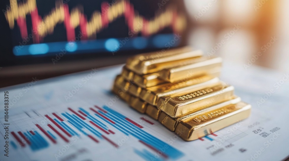 Gold bars and stock market trends, wealth management, financial security, investment opportunities. Gold bars and stock market trends, wealth management, financial security, investment opportunities.