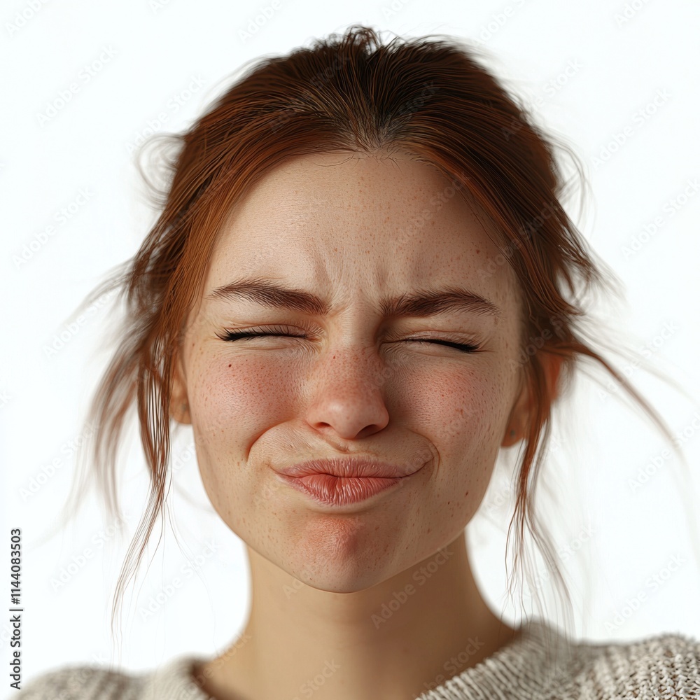 Close-Up of Young Woman Making Playful Expression with Natural Makeup and Long Hair in Bright Lighting