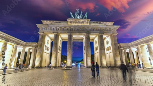 Berlin Brandenburg Gate night Germany time lapse hyperlapse footage in 4K. Berlin skyline street at night. Berlin skyline at night.