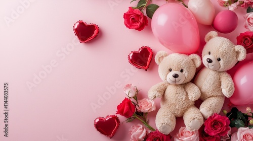 Cozy Teddy Bears with Hearts and Roses on Pink Background for Valentine s Day