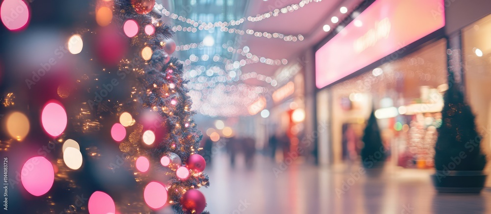 New Year celebration with blurred shopping mall backdrop and vibrant bokeh lights in soft pink tones for festive imagery.
