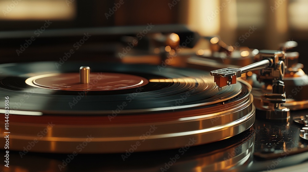 Obraz premium detailed close-up of classic vinyl record player, retro and elegant, focus on music and nostalgia