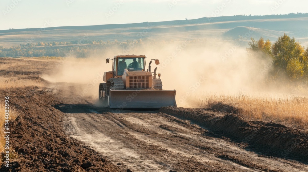 Fototapeta premium Bulldozer clearing dirt road, making way for new infrastructure, dust billowing in air as blade cuts through soil.
